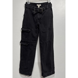 Forever 21 Jeans Womens Size 24 Cargo Wide Leg Belted Faded Black Denim Pants
